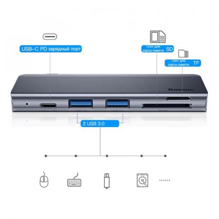 Переходник Baseus для MacBook HUB Harmonica 5в1 (PD/SD/TF/USB 3.0*2) (CAHUB-K0G) Deep Grey, тёмно-серый